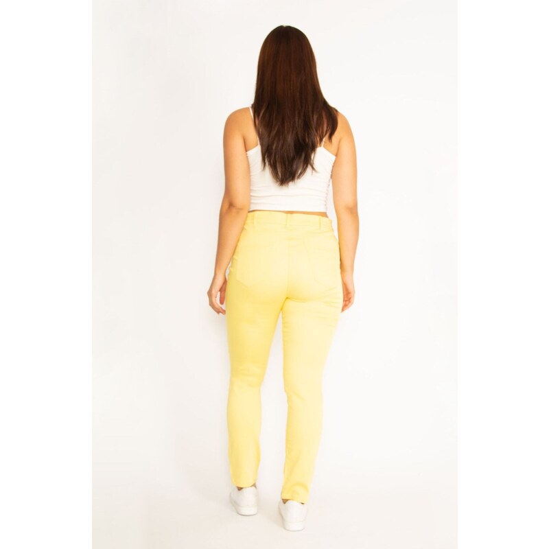 Şans Women's Plus Size Yellow Lycra Gabardine Fabric 5-Pocket Trousers with Elastic Side Belt