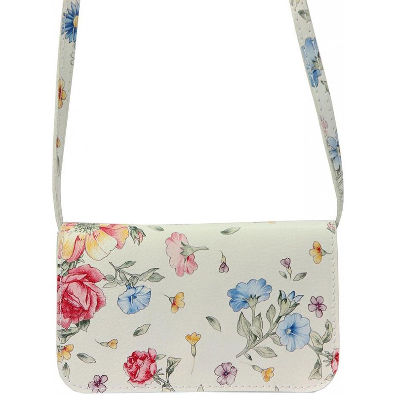 Vera Pelle Kožená bílá dámská podélná crossbody kabelka v motivu květů 90020893