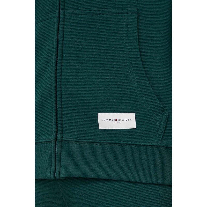 Bavlněná mikina Tommy Hilfiger zelená barva, s kapucí, s aplikací