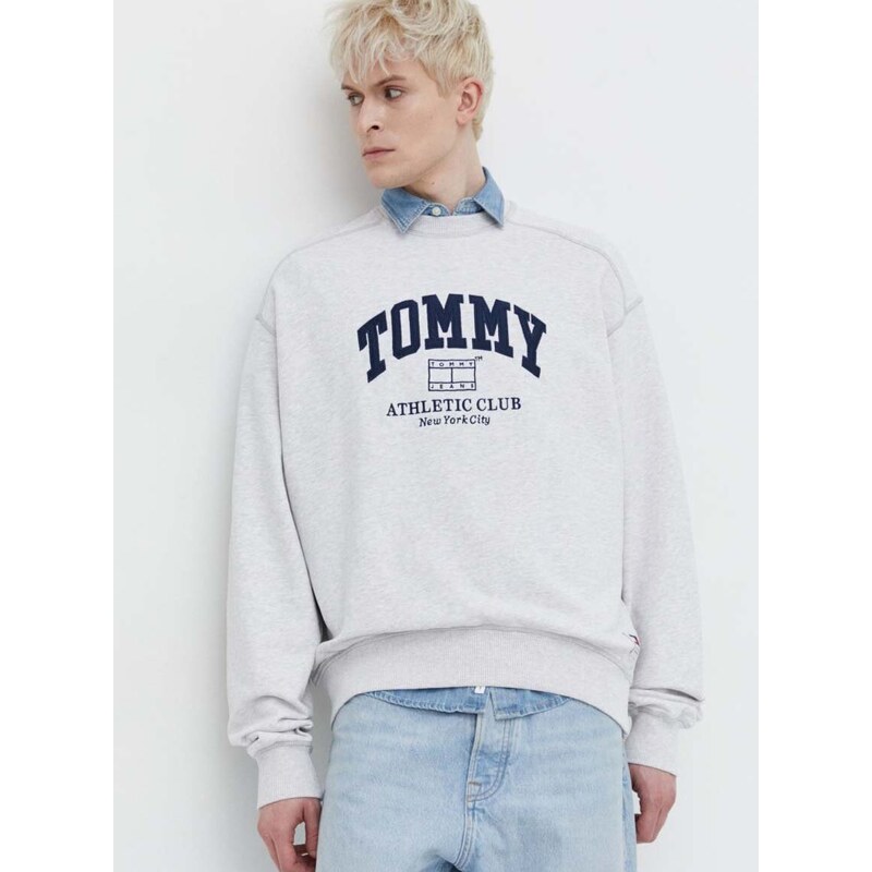 Bavlněná mikina Tommy Jeans pánská, šedá barva, melanžová