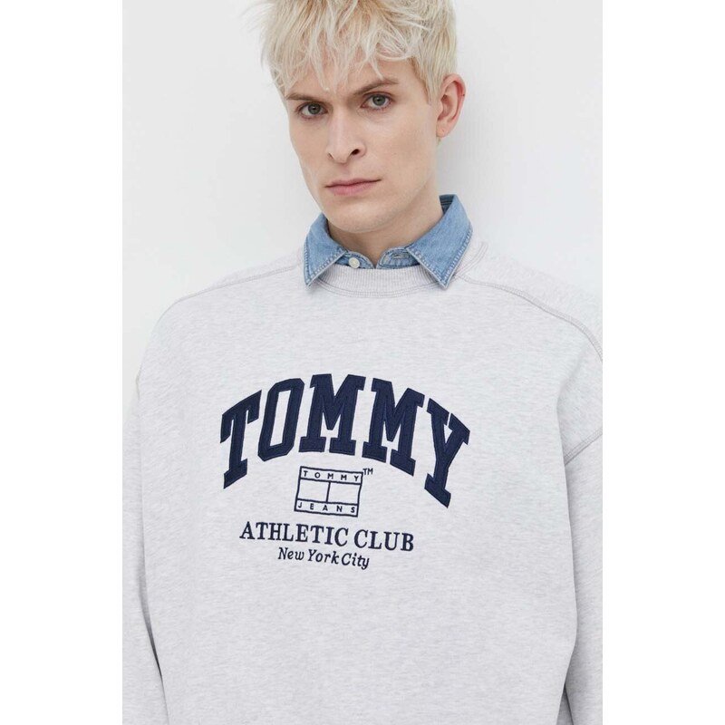 Bavlněná mikina Tommy Jeans pánská, šedá barva, melanžová