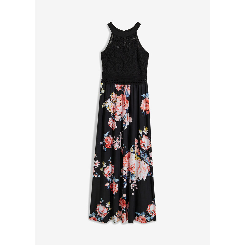 bonprix Dlouhé letní šaty s květinovým potiskem a krajkou Černá