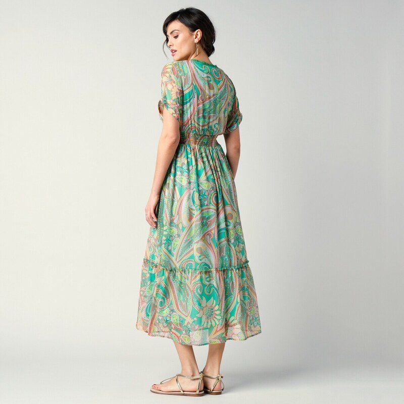 Blancheporte Dlouhé šaty z voálu a krajky, potisk kašmírového vzoru zelená/korálová 36