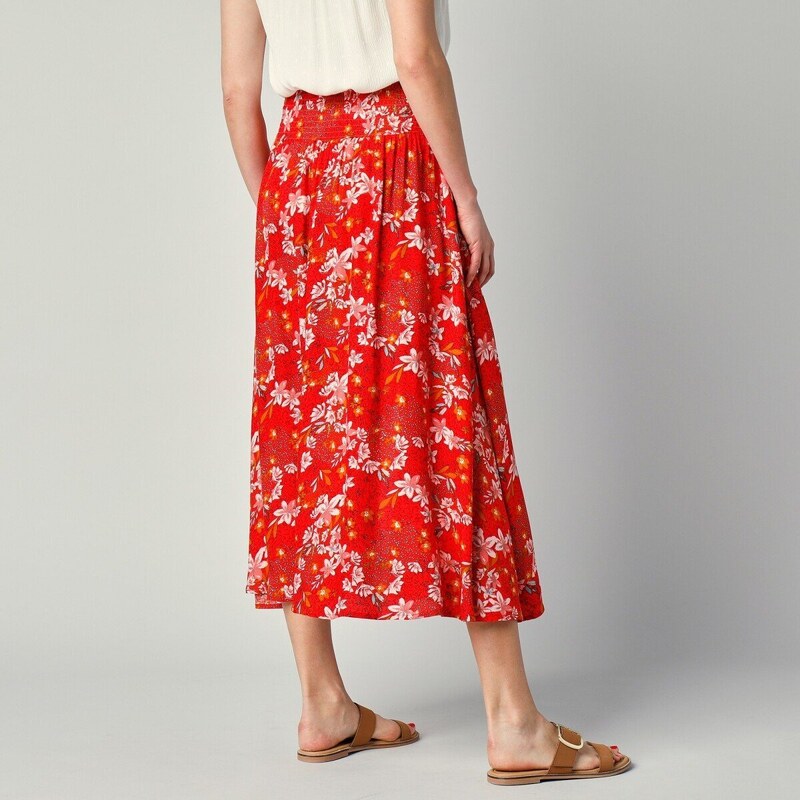 Blancheporte Dlouhá sukně se žabičkovaným pasem a potiskem červená/růžová pudrová 34/36