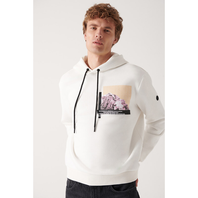 Avva Men's White Hooded Collar 3 Thread Fleece Inside Printed Standard Fit Regular Cut Sweatshirt