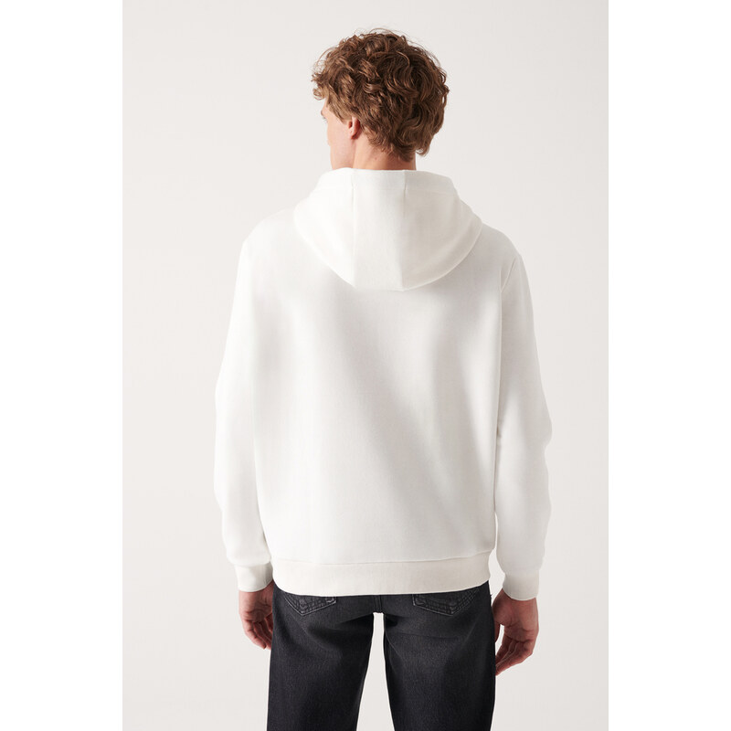 Avva Men's White Hooded Collar 3 Thread Fleece Inside Printed Standard Fit Regular Cut Sweatshirt