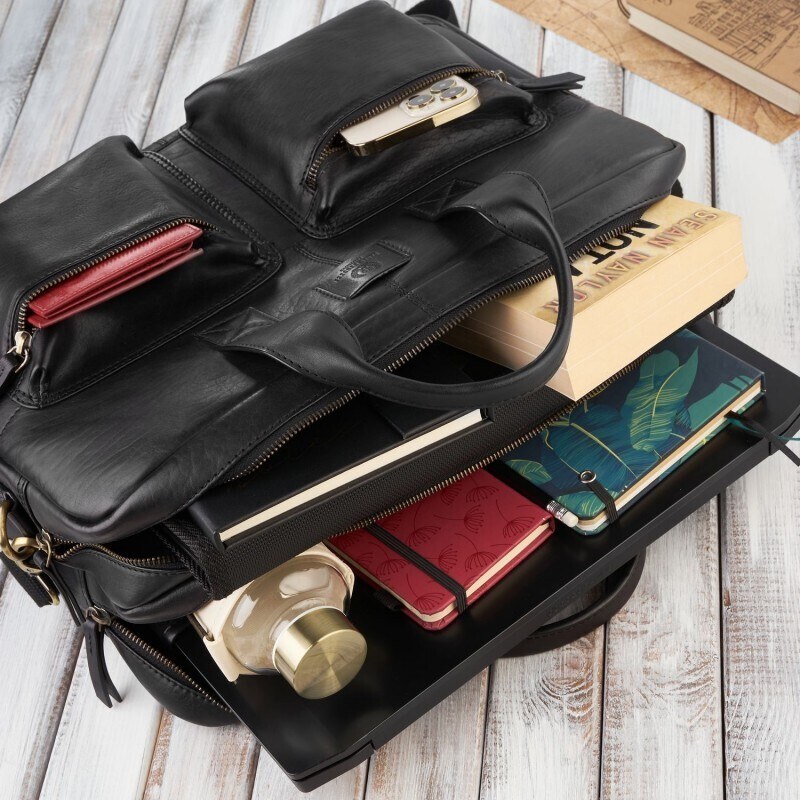 Kabelky od Hraběnky Kožená taška na notebook s držákem na kufr PERUZZI; černá