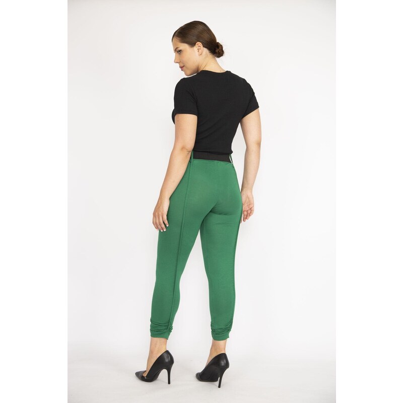 Şans Women's Plus Size Green Belt Accessory Gathered Detailed Leggings