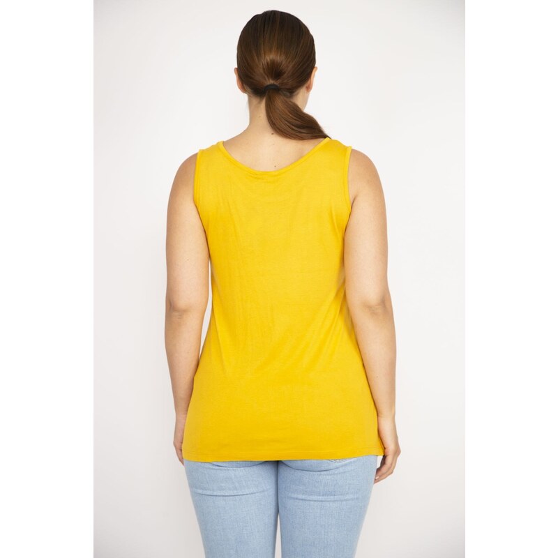 Şans Women's Mustard Plus Size Crew Neck Sleeveless Blouse