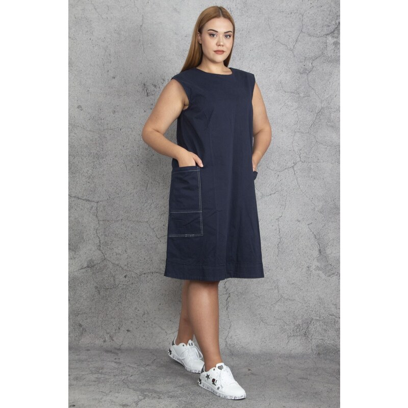 Şans Women's Plus Size Navy Blue Contrast Stitching Detail Pocket Gabardine Fabric Dress