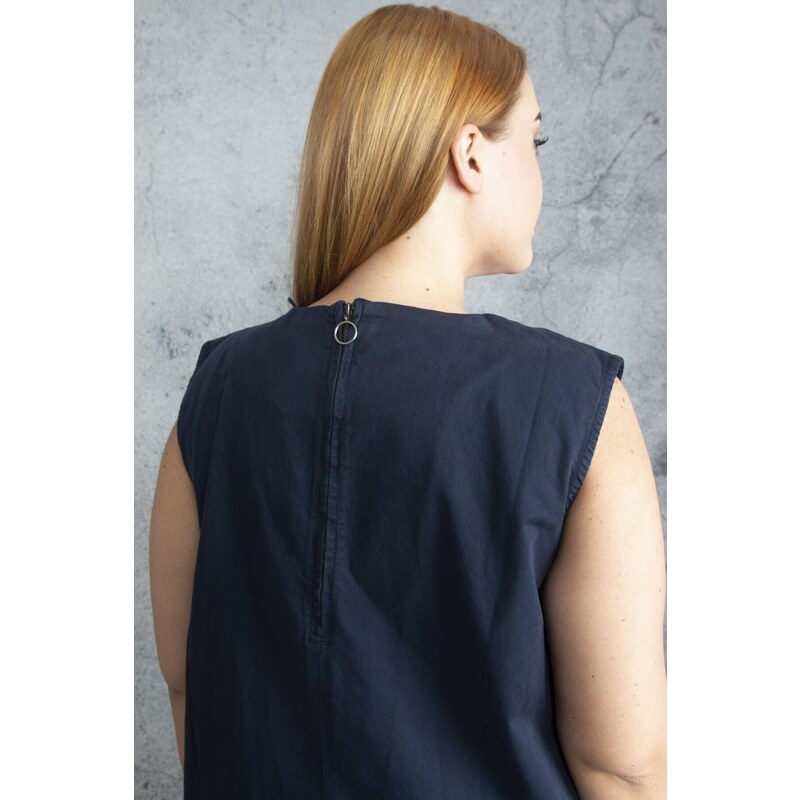 Şans Women's Plus Size Navy Blue Contrast Stitching Detail Pocket Gabardine Fabric Dress