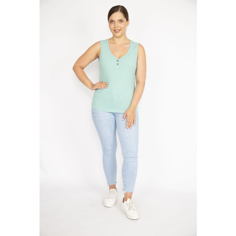 Şans Women's Green Plus Size V-Neck Front Decorative Buttoned Camisole Fabric Sleeveless Blouse