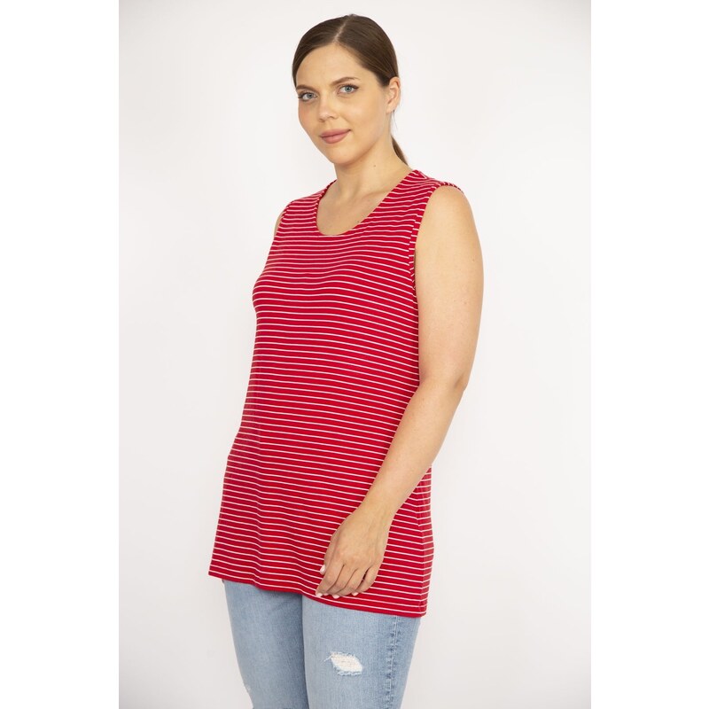 Şans Women's Red Plus Size Sleeveless Striped Lycra Viscose Blouse