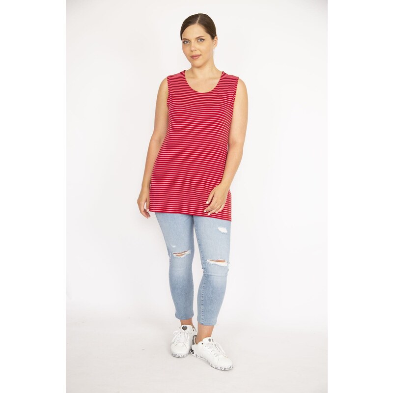 Şans Women's Red Plus Size Sleeveless Striped Lycra Viscose Blouse