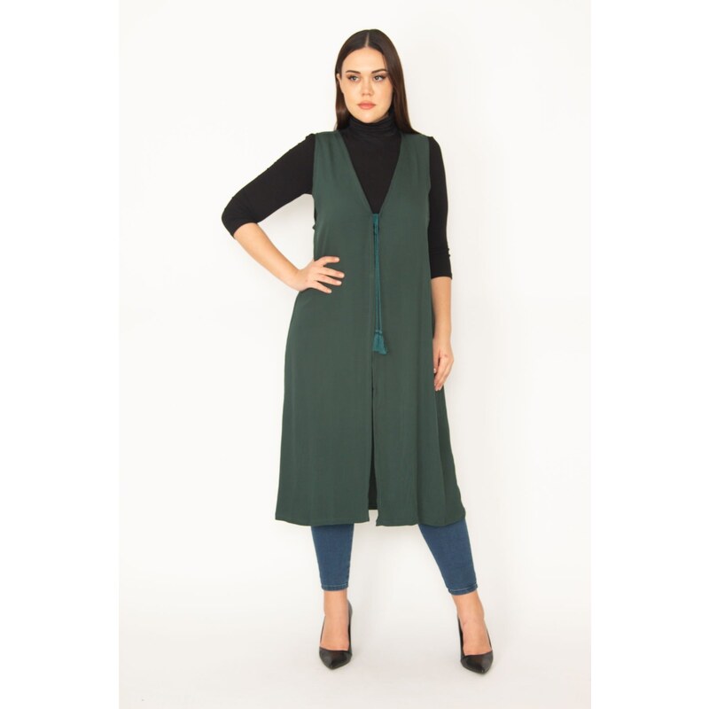 Şans Women's Plus Size Green Front Lace Up Detail Unlined Long Vest