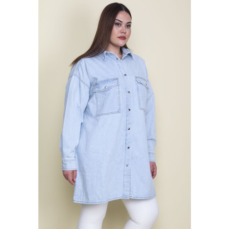 Şans Women's Plus Size Blue Loose Fit Oversized Denim Tunic Jacket with Snap Buttons