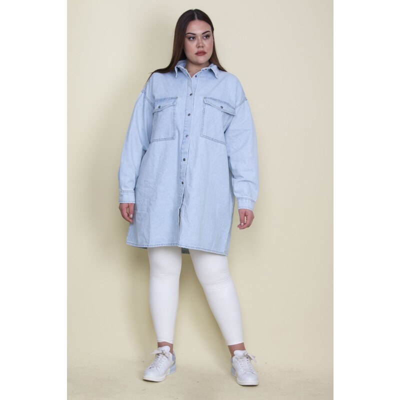 Şans Women's Plus Size Blue Loose Fit Oversized Denim Tunic Jacket with Snap Buttons