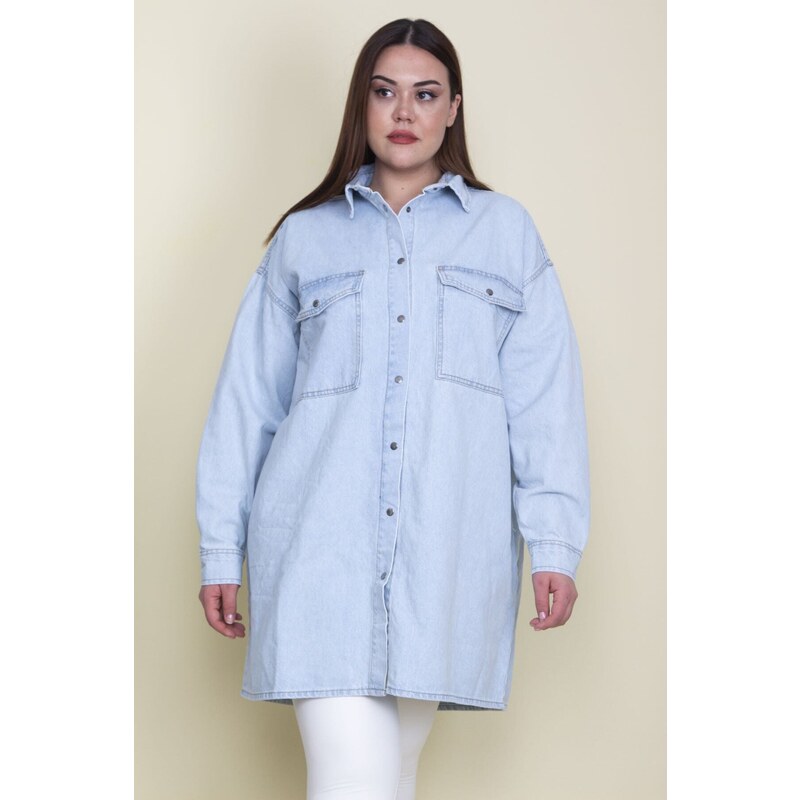 Şans Women's Plus Size Blue Loose Fit Oversized Denim Tunic Jacket with Snap Buttons