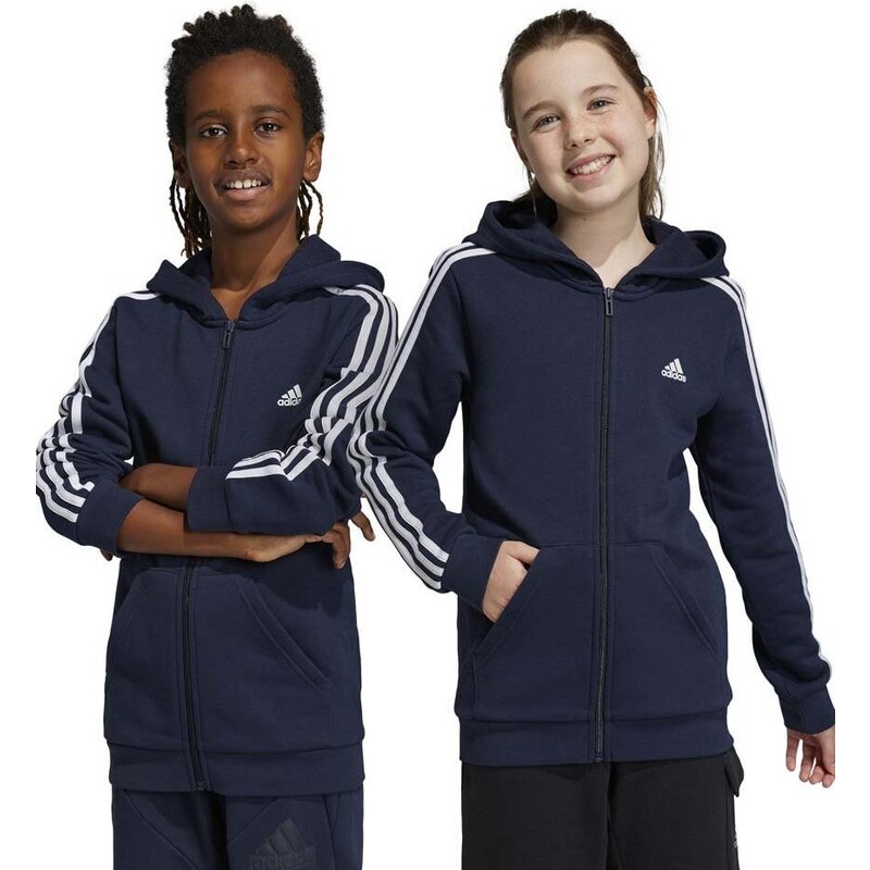 Dětská mikina adidas U 3S FL FZ tmavomodrá barva, s kapucí, hladká