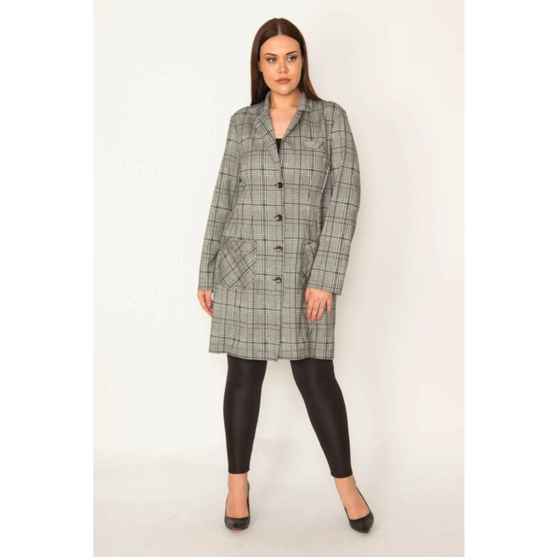 Şans Women's Plus Size Gray Plaid Patterned Unlined Front Buttoned Long Jacket with Pocket