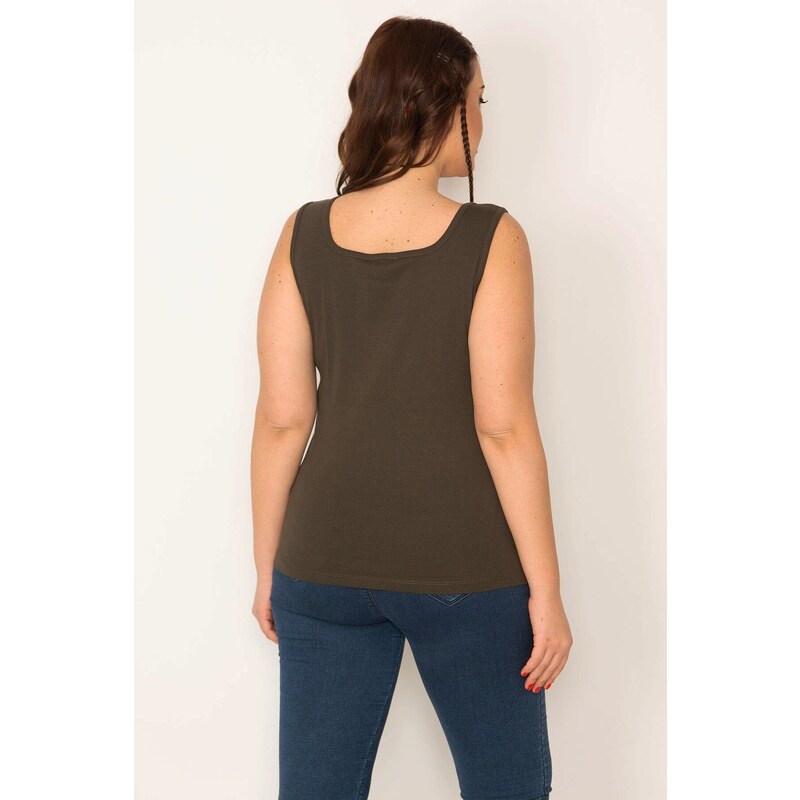 Şans Women's Large Size Khaki Cotton Fabric Tank Top