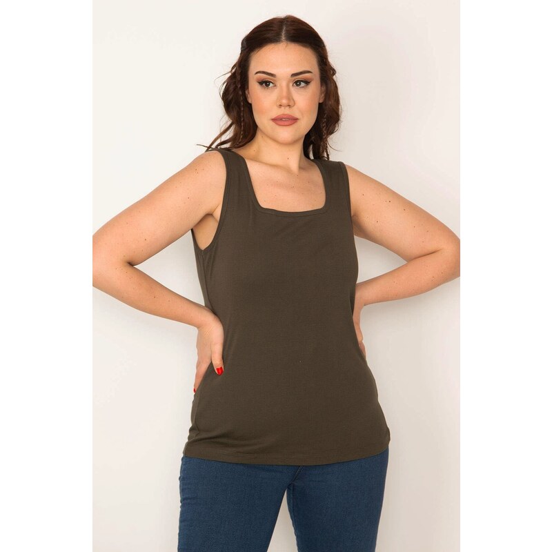 Şans Women's Large Size Khaki Cotton Fabric Tank Top