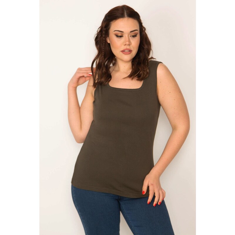 Şans Women's Large Size Khaki Cotton Fabric Tank Top