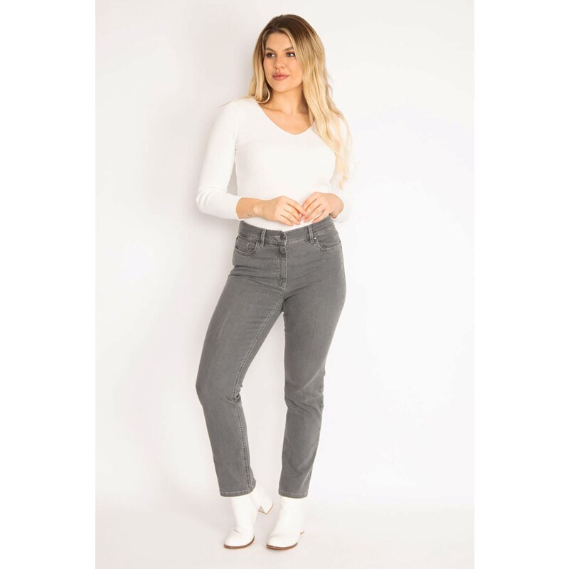 Šans dámské džíny plus size šedé s 5 kapsami 90050329