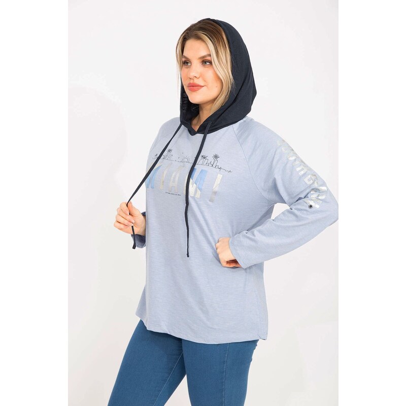 Şans Women's Plus Size Blue Silvery Printed Hooded Tunic