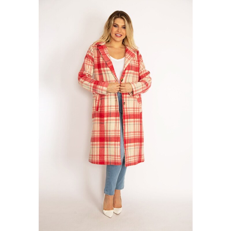 Şans Women's Plus Size Colorful Checkered Coat with Front Buttons, Lined