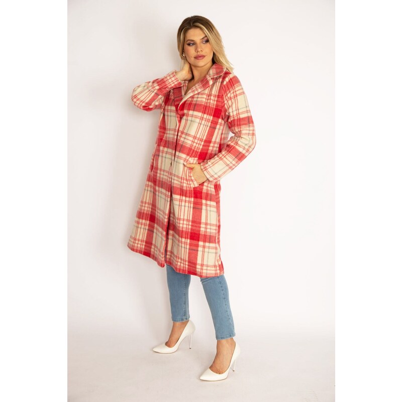 Şans Women's Plus Size Colorful Checkered Coat with Front Buttons, Lined