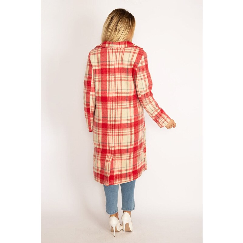 Şans Women's Plus Size Colorful Checkered Coat with Front Buttons, Lined