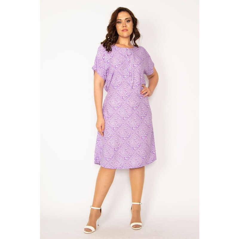 Şans Women's Plus Size Lilac Weave Viscose Fabric Front Patties with Buttons and a Belted Waist Dress