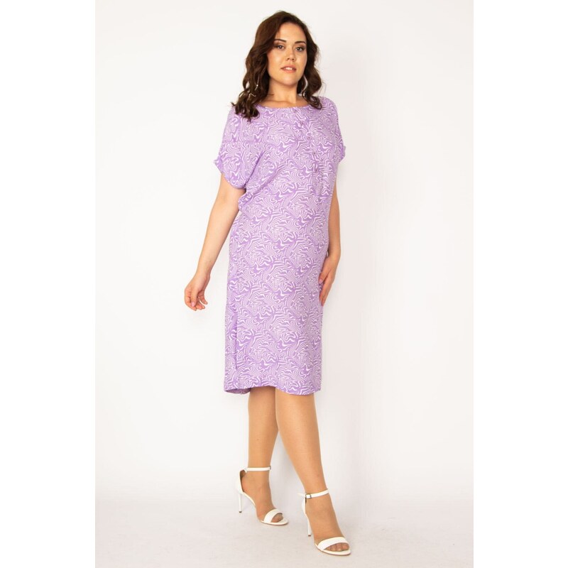 Şans Women's Plus Size Lilac Weave Viscose Fabric Front Patties with Buttons and a Belted Waist Dress