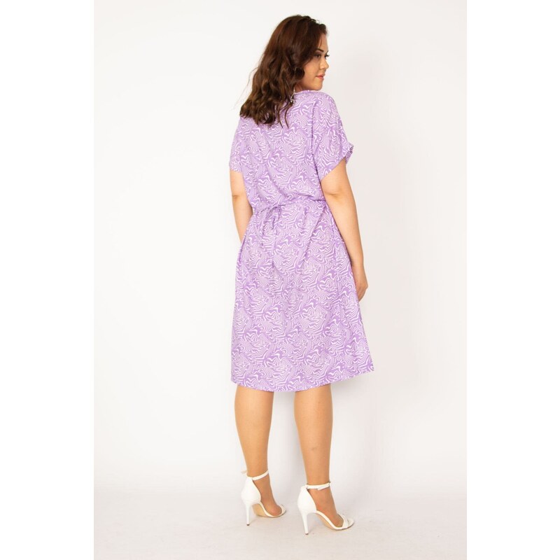 Şans Women's Plus Size Lilac Weave Viscose Fabric Front Patties with Buttons and a Belted Waist Dress