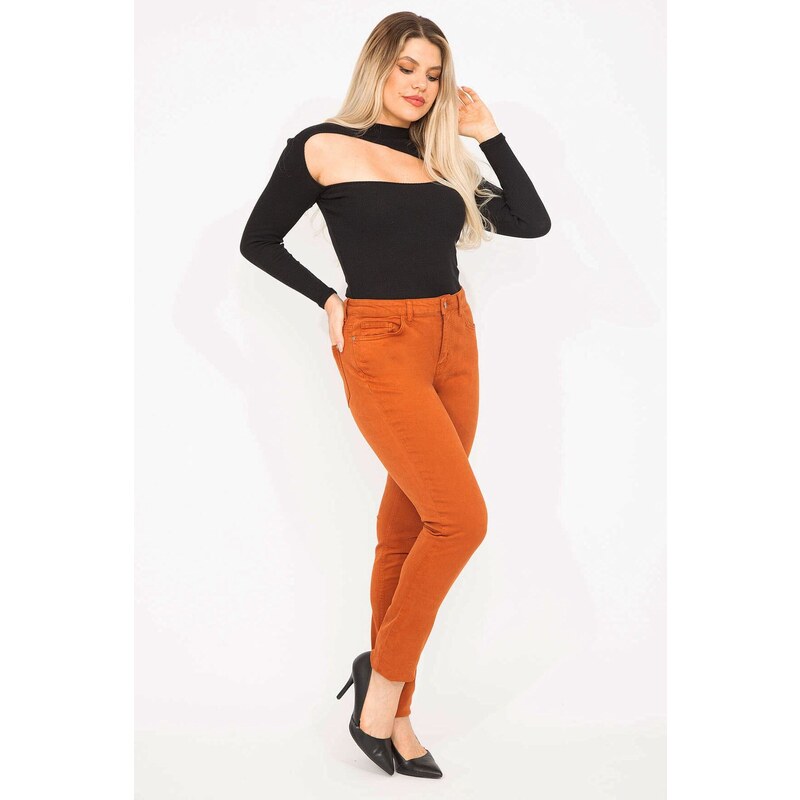Şans Women's Large Size Orange Lycra 5 Pocket Jeans