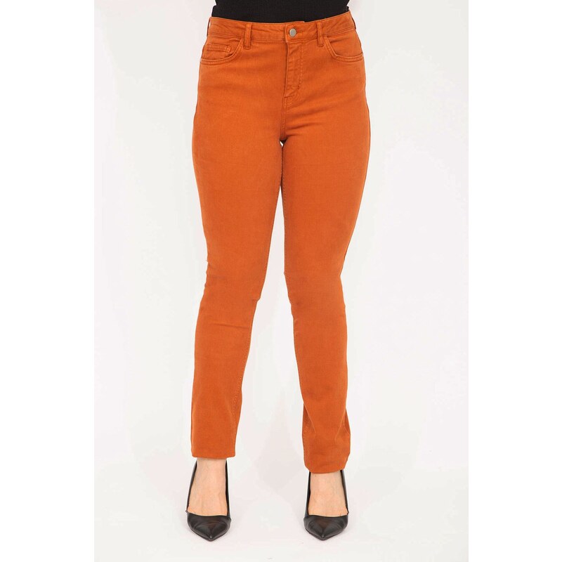 Şans Women's Large Size Orange Lycra 5 Pocket Jeans