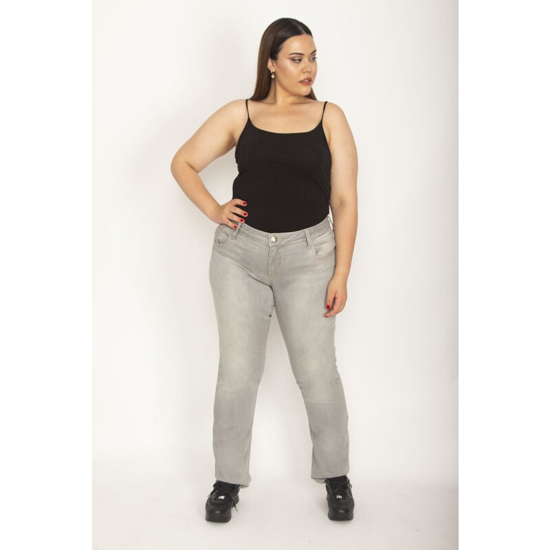 Şans Women's Plus Size Gray 5-Pocket Lycra Jeans Pants