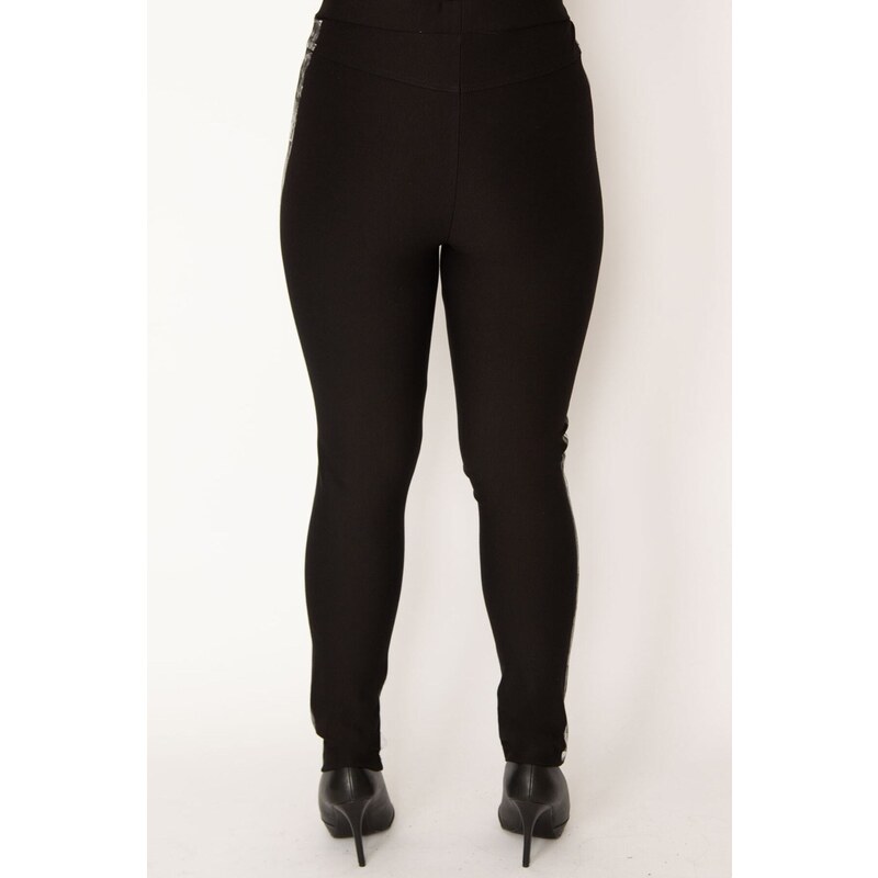 Şans Women's Black With Ornamental Pockets And Side Lacquer Print Elastic Waist Diving Lycra Trousers