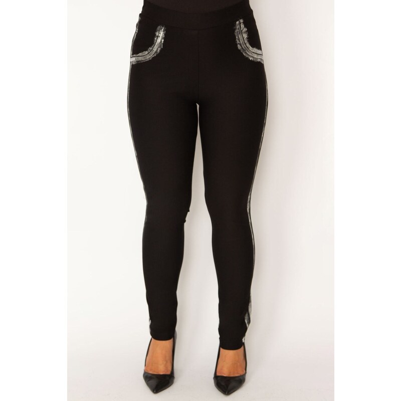 Şans Women's Black With Ornamental Pockets And Side Lacquer Print Elastic Waist Diving Lycra Trousers