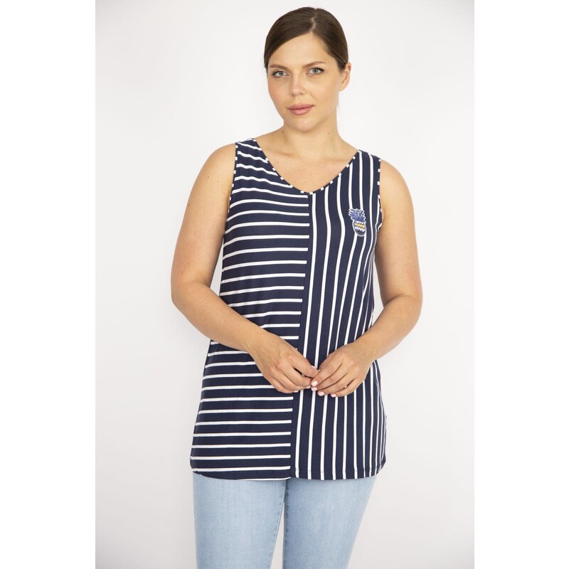 Şans Women's Navy Blue Plus Size Stripe Combined Sleeveless Blouse