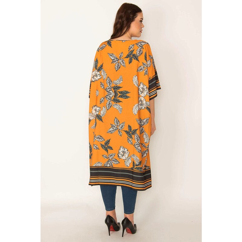 Şans Women's Plus Size Orange Patterned Satin Cape