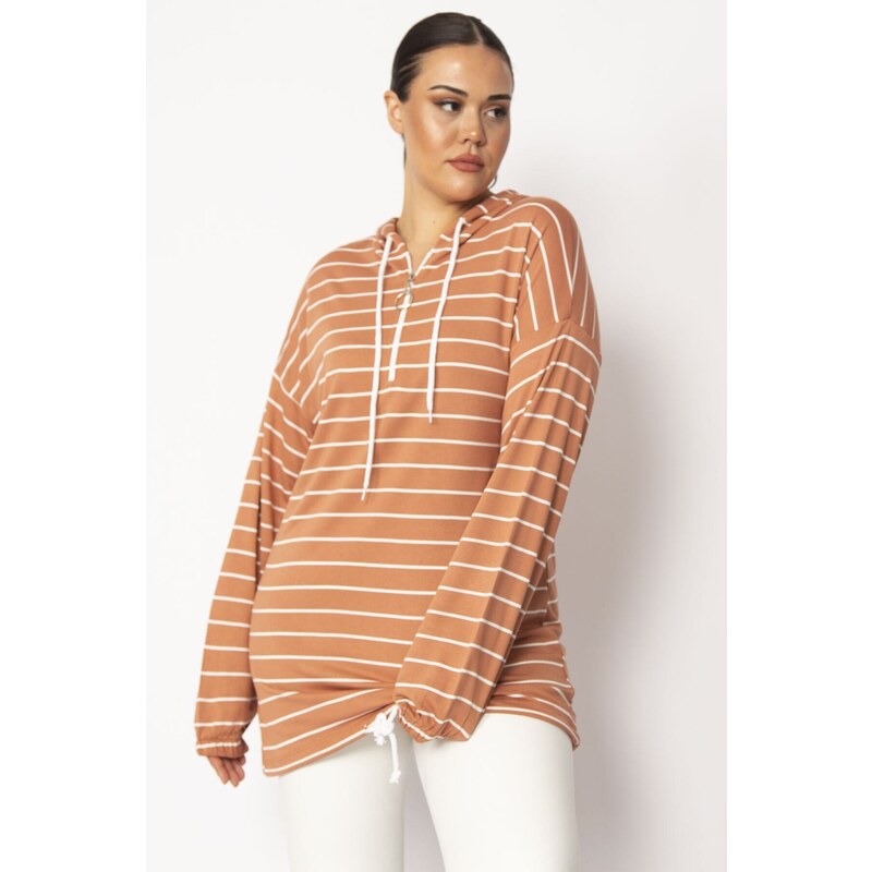 Şans Women's Plus Size Tan Front Patties with Zipper Eyelets and Lace-Up Detail, Hooded Striped Tunic