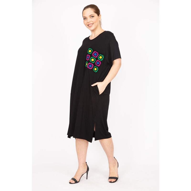 Şans Women's Black Plus Size Embroidery Detailed Low Sleeve Dress