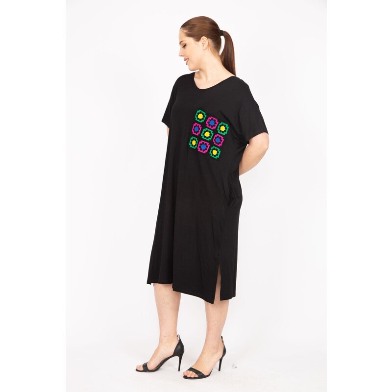 Şans Women's Black Plus Size Embroidery Detailed Low Sleeve Dress