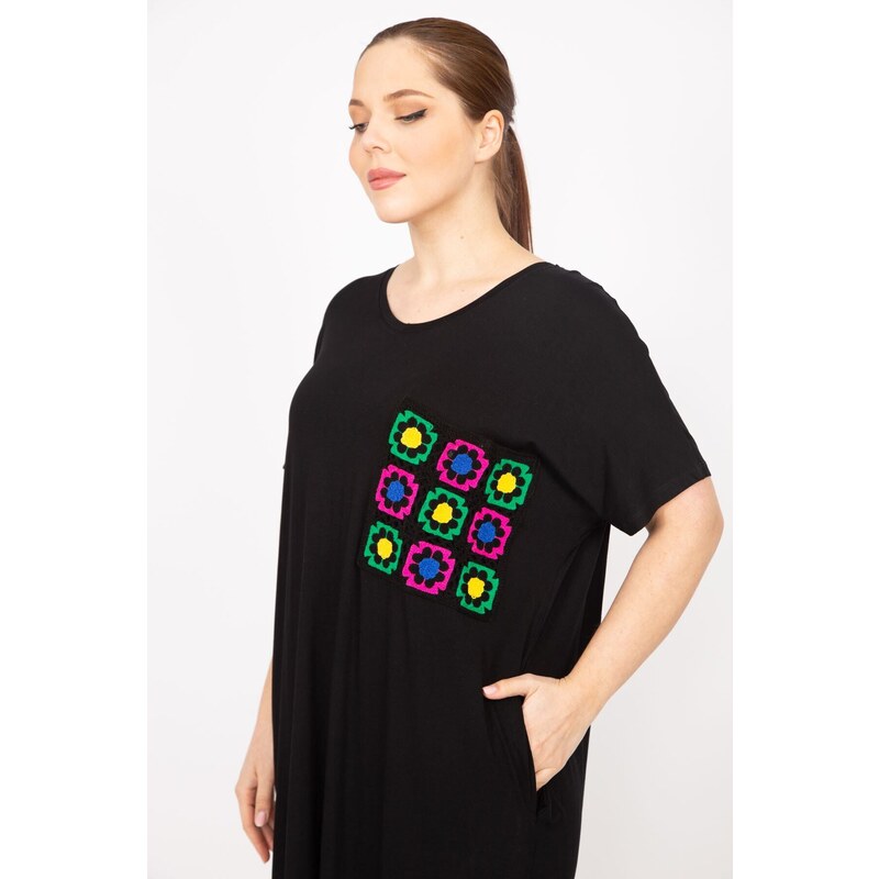 Şans Women's Black Plus Size Embroidery Detailed Low Sleeve Dress