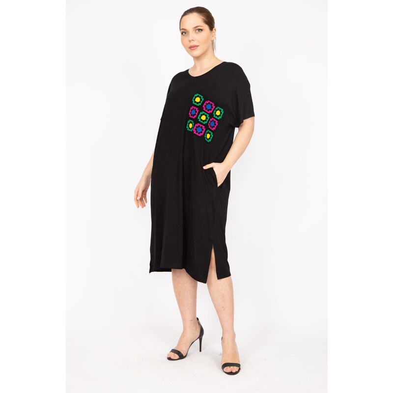 Şans Women's Black Plus Size Embroidery Detailed Low Sleeve Dress