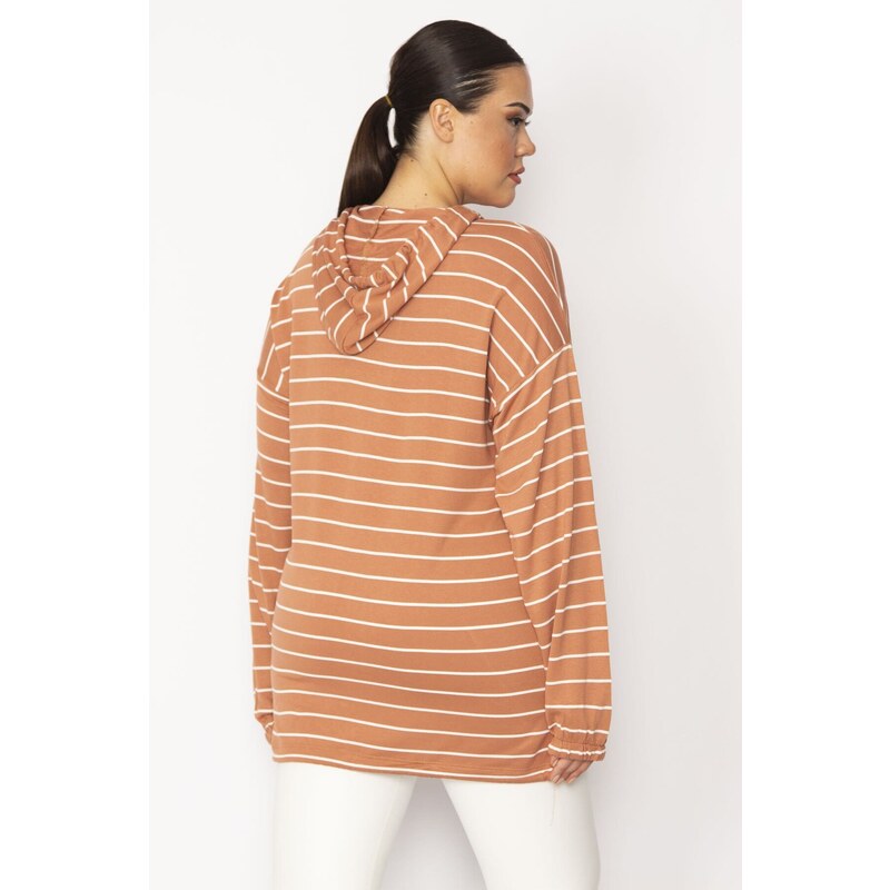 Şans Women's Plus Size Tan Front Patties with Zipper Eyelets and Lace-Up Detail, Hooded Striped Tunic