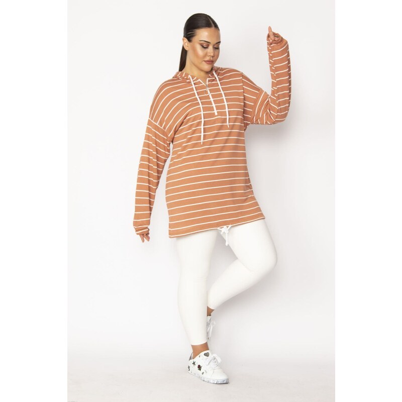 Şans Women's Plus Size Tan Front Patties with Zipper Eyelets and Lace-Up Detail, Hooded Striped Tunic