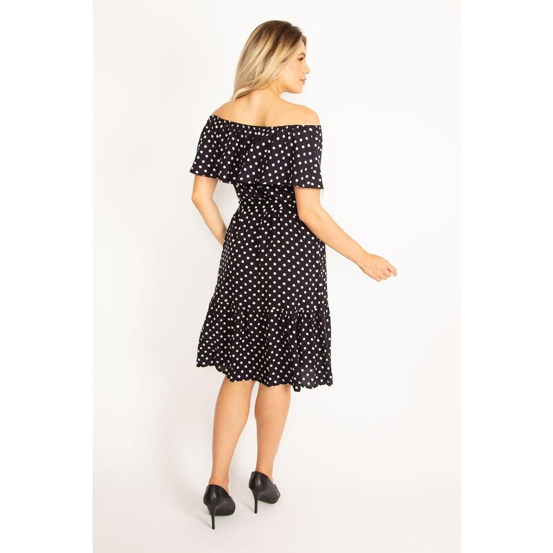Şans Women's Navy Blue Point Pattern Woven Viscose Fabric Dress With Elastic And Flywheel Detail On The Collar